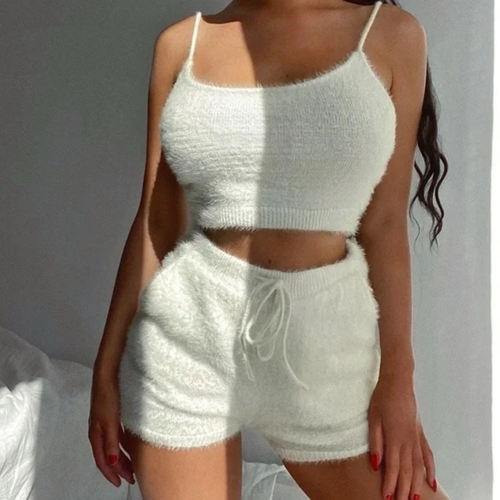 Cozy White Fuzzy Knit Tank and Shorts Set